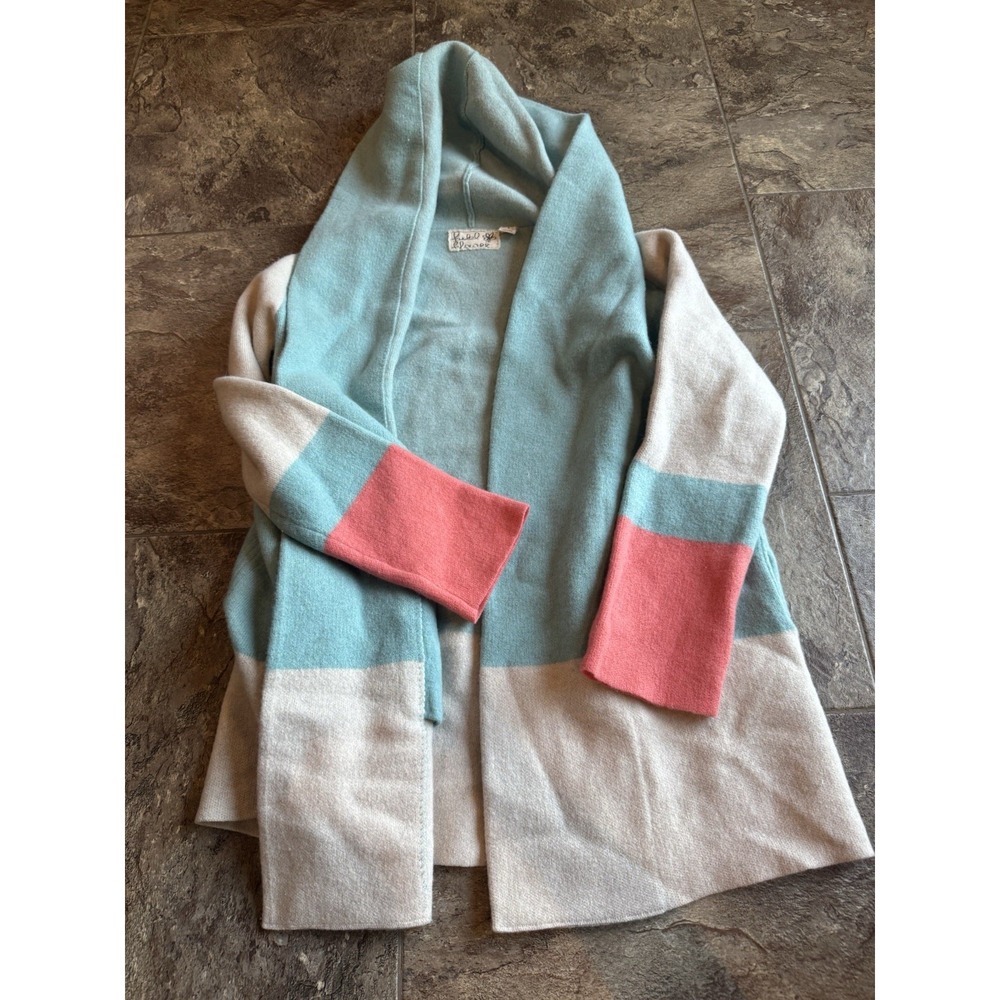 Anthropologie Blue and Coral 100% Wool Colorblock Cardigan - Picture 5 of 9